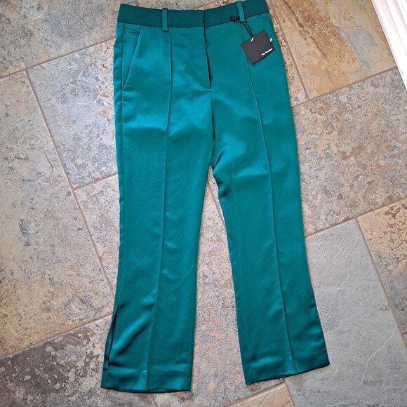 The Kooples Size XS Emerald Satin Cropped Pants Straight Leg Front Pockets NWT - Picture 1 of 15
